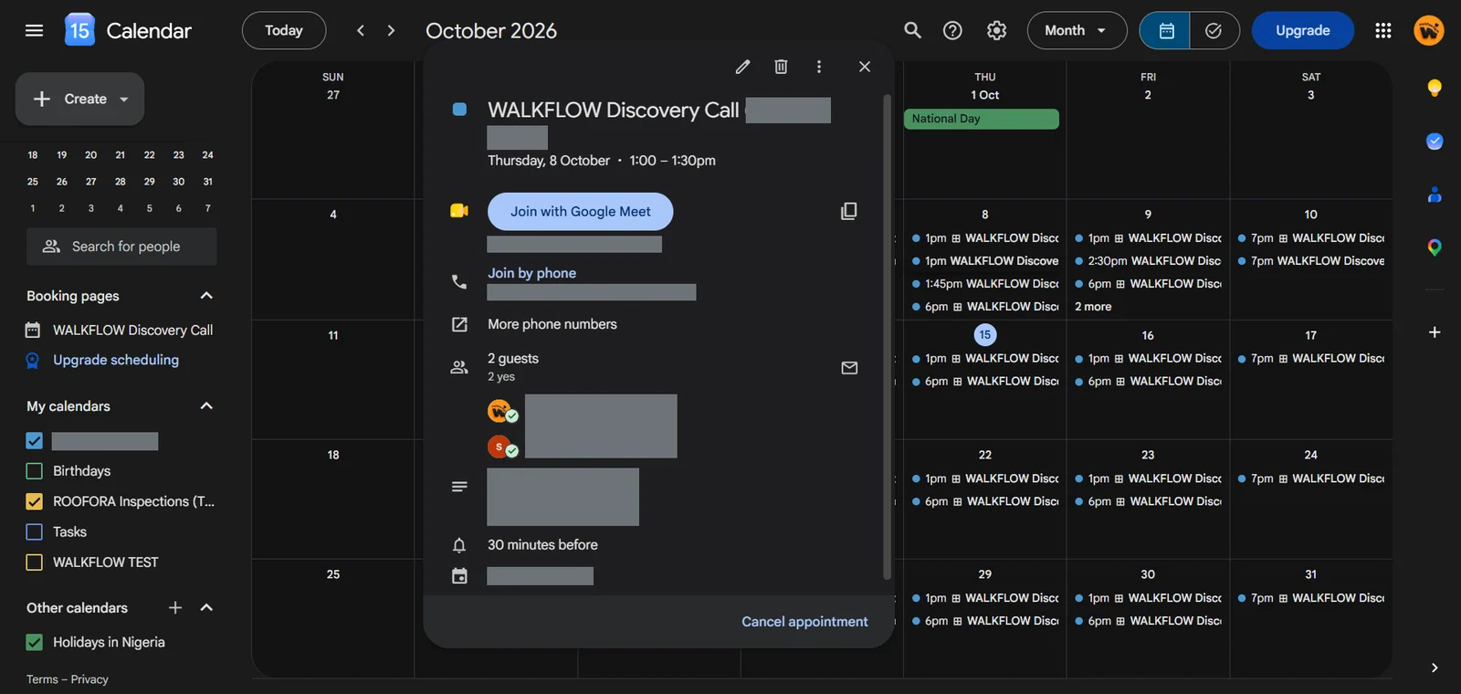 A Google Calendar discovery call with a Google Meet link and reminders (guest details hidden)