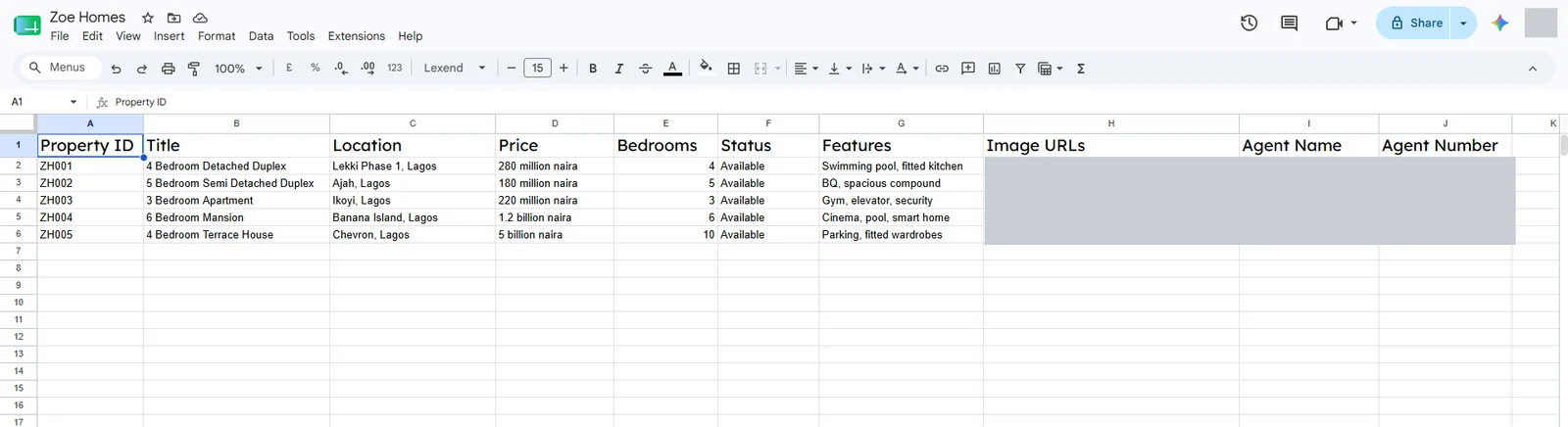 A Google Sheet listing properties with title, location, price, bedrooms, status and features (agent details and links hidden)