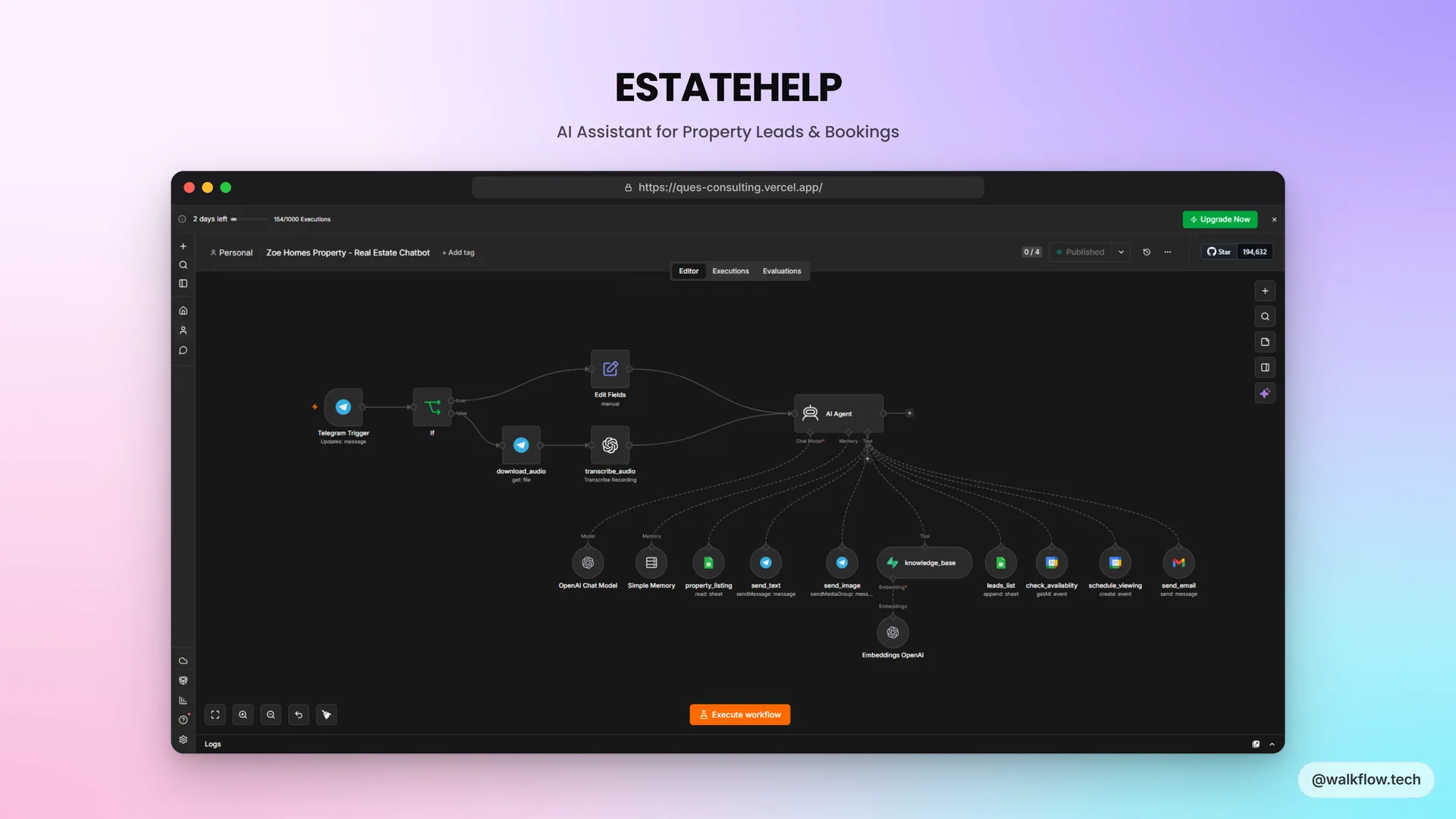 ESTATEHELP thumbnail showing the n8n AI agent workflow behind the demo, titled AI Assistant for Property Leads and Bookings
