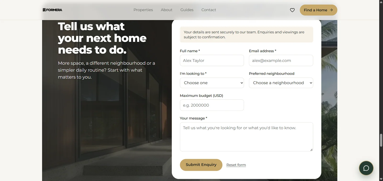 The LEADFLOW website enquiry form asking for name, email, what the buyer is looking for, preferred neighbourhood, budget and a message