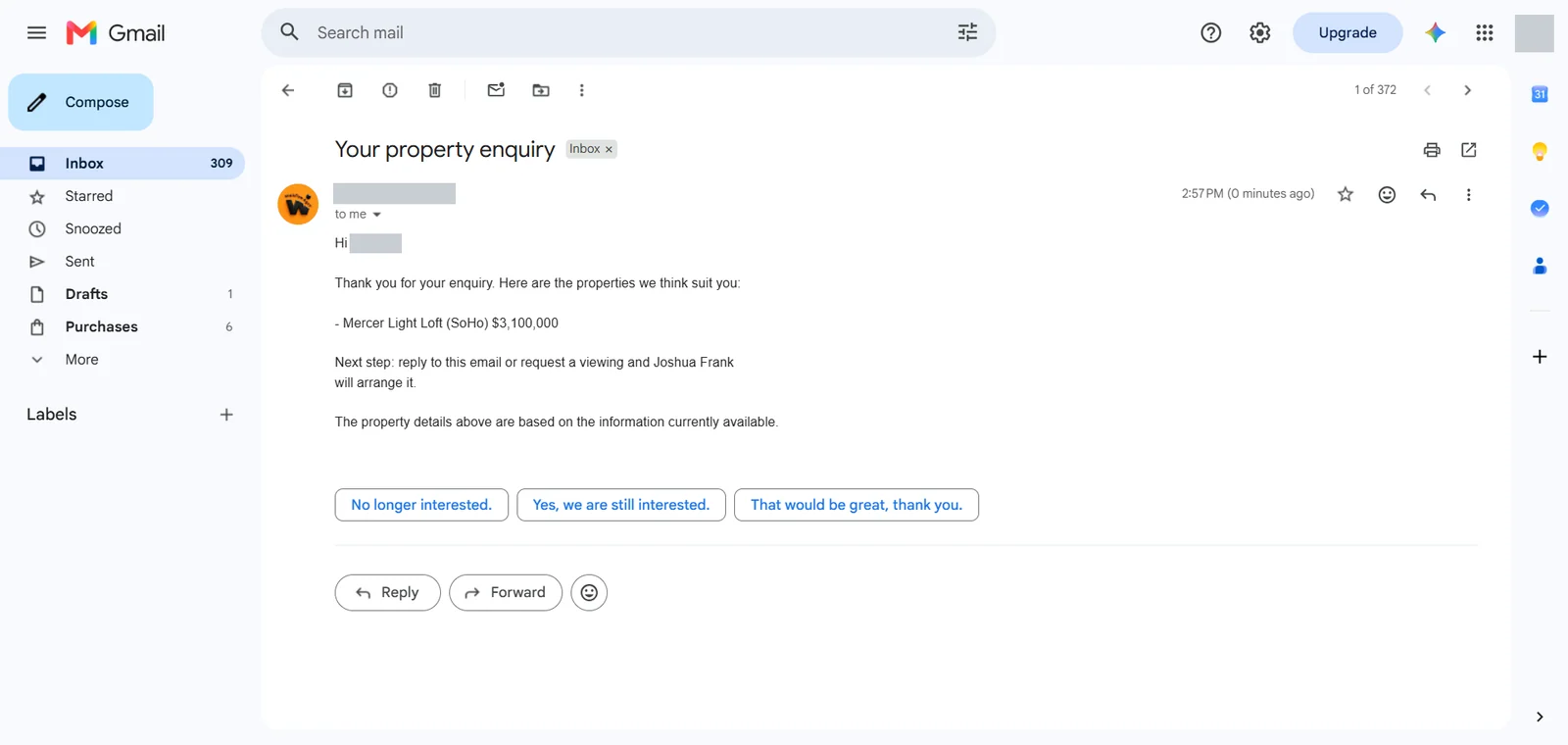 Email sent to the buyer listing a matched property, with buttons to say whether they are still interested (personal details hidden)