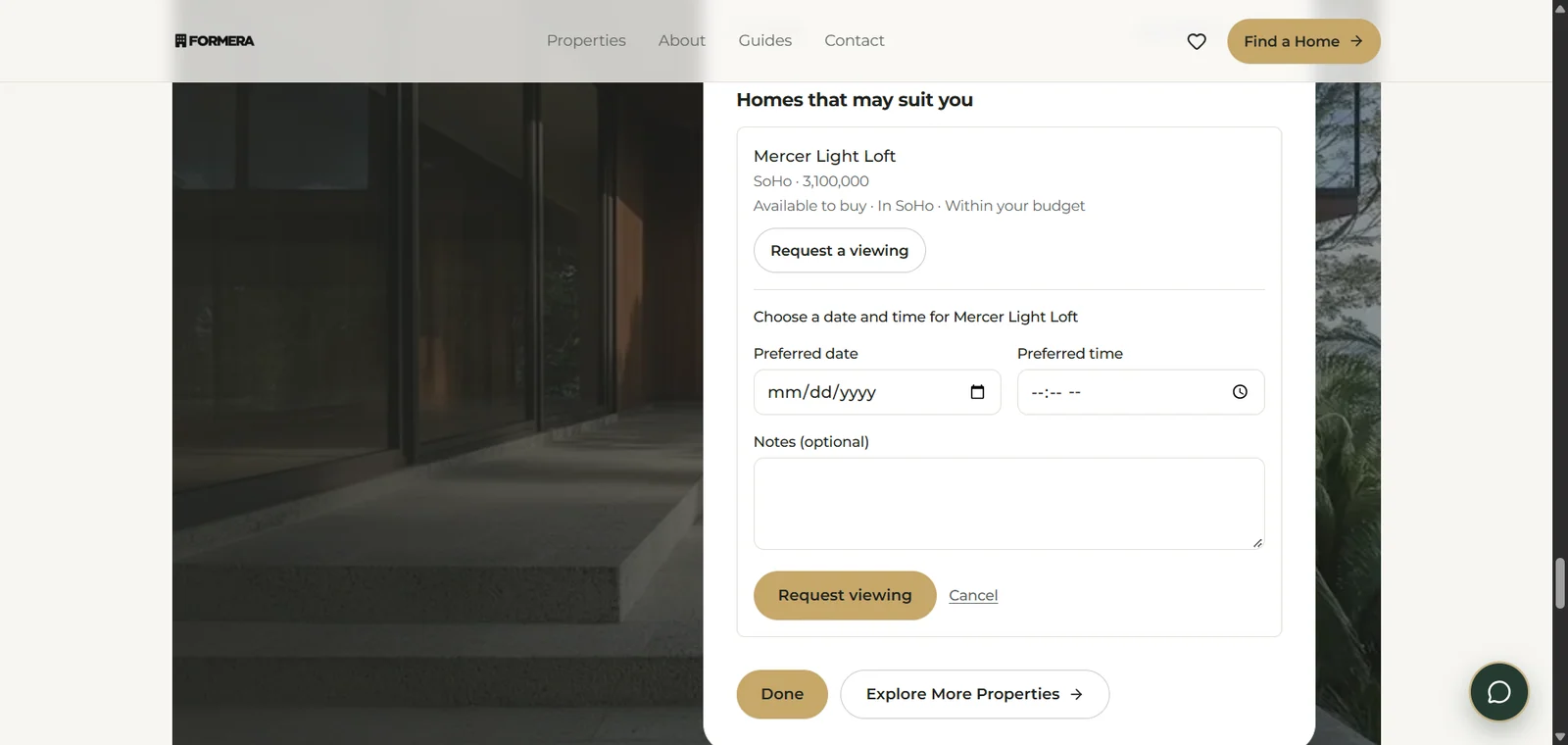 A property page showing a matched home with a Request a viewing option and a date and time form
