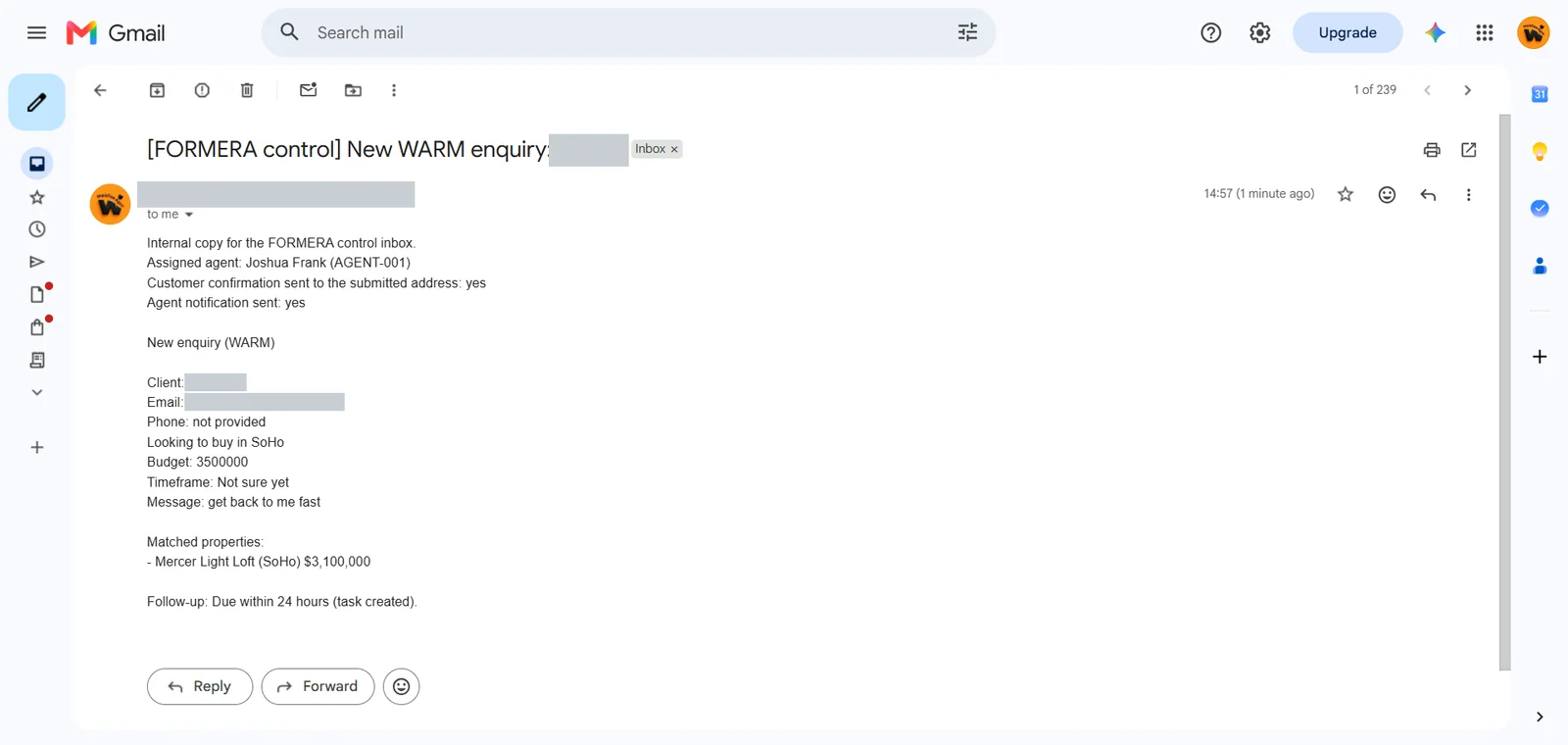 Internal email to the assigned agent summarising the enquiry, the matched property and a follow-up due within 24 hours (personal details hidden)