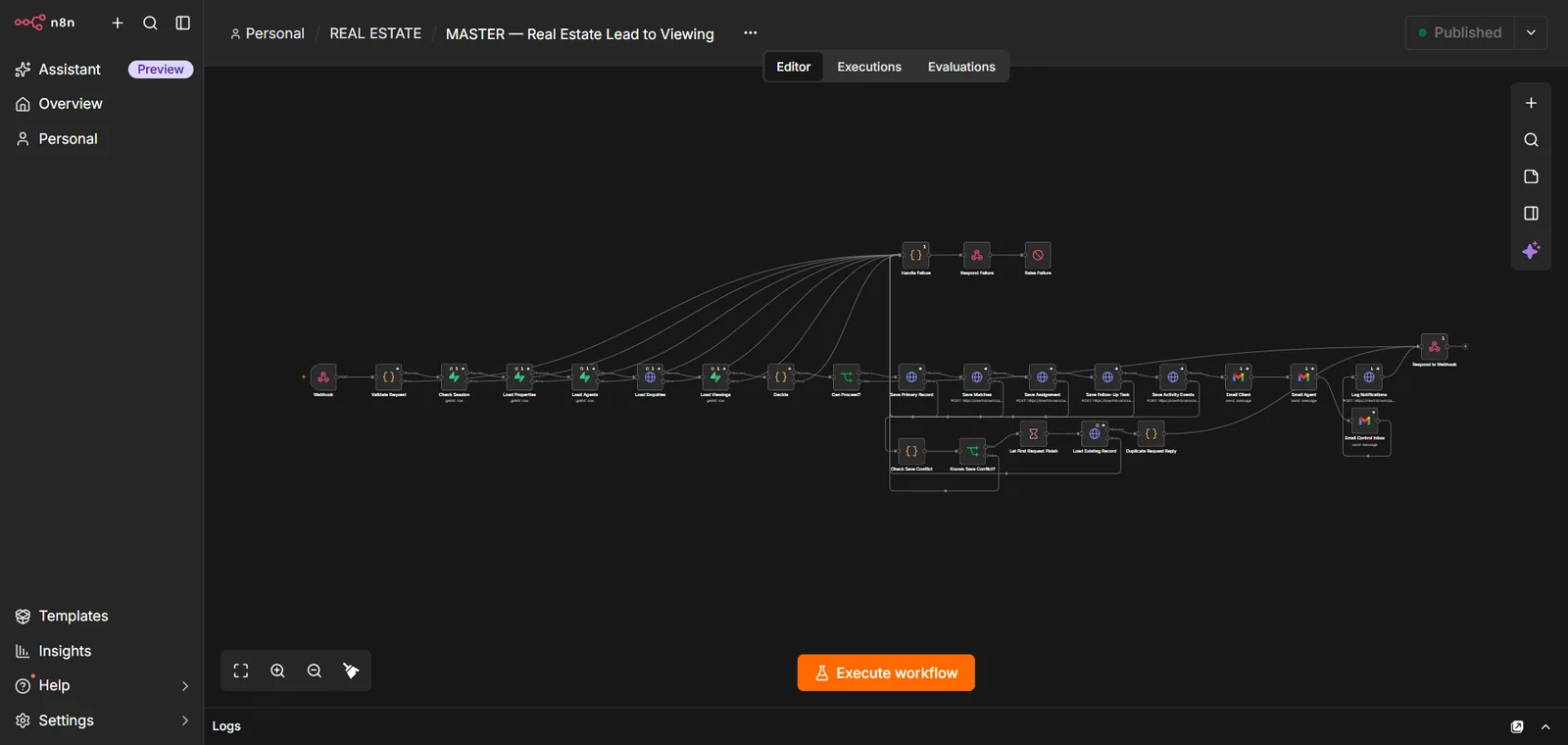 The LEADFLOW workflow in n8n, from property enquiry to viewing