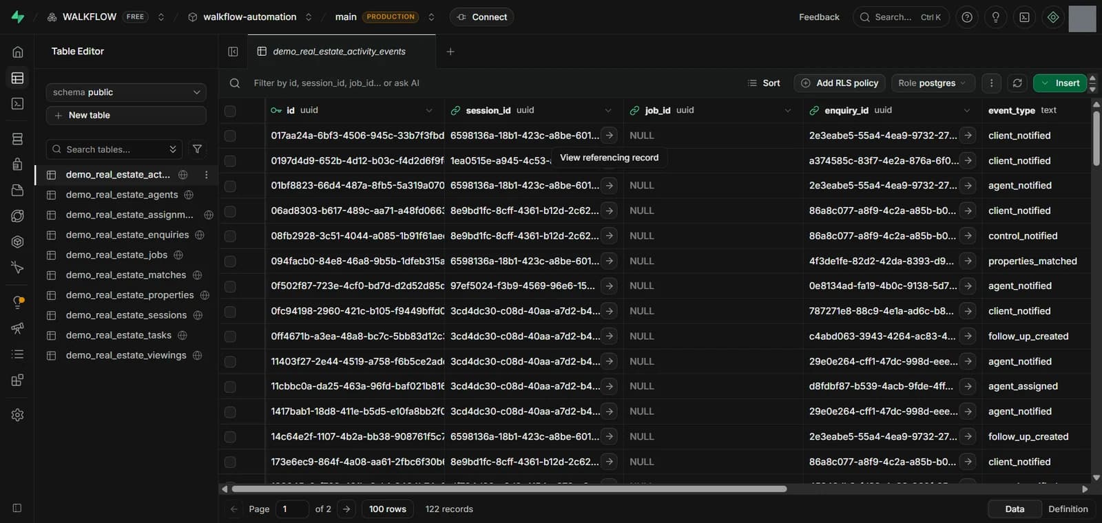 A database table recording each LEADFLOW step, such as client notified, agent assigned and follow-up created