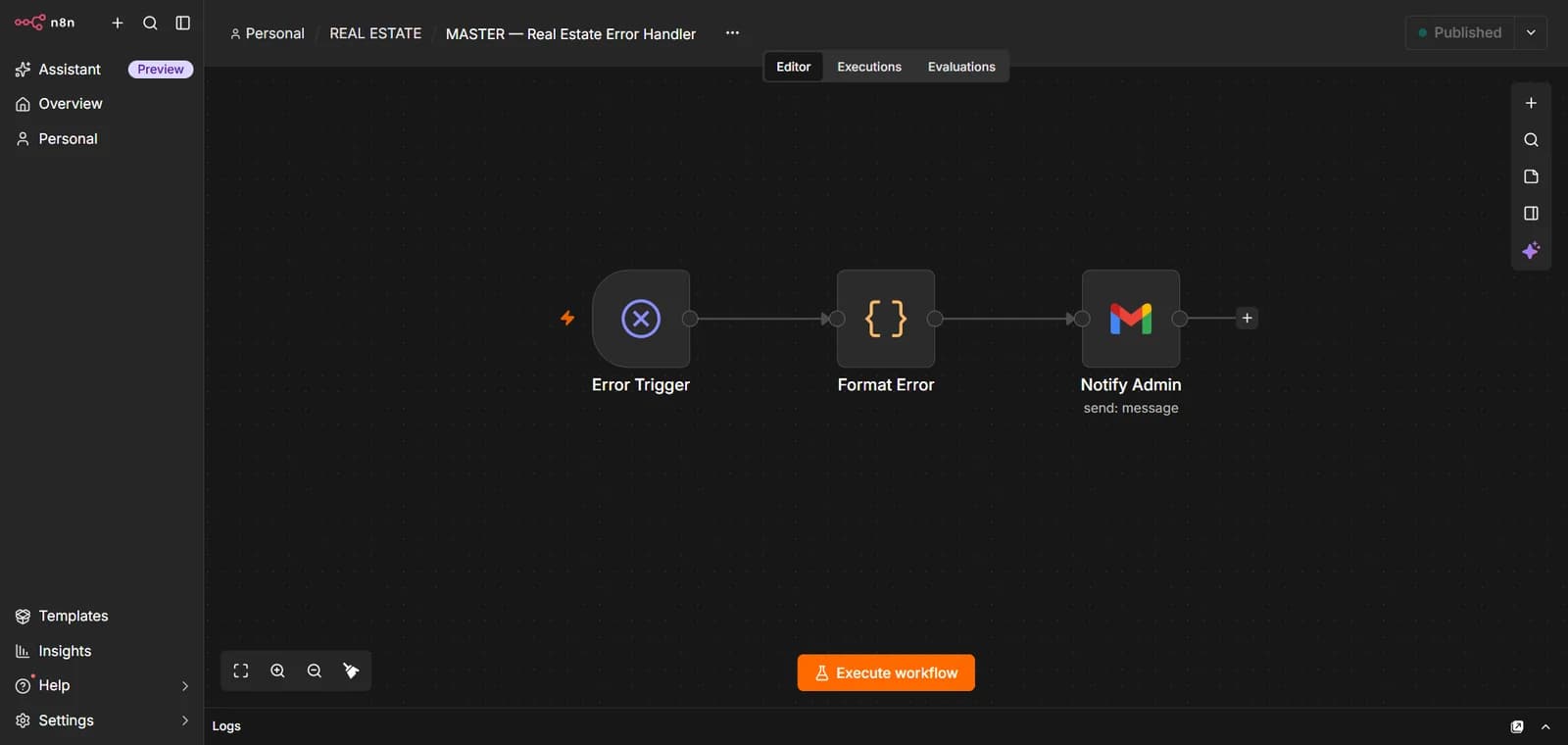 A small n8n error-handling workflow that formats a problem and emails an administrator