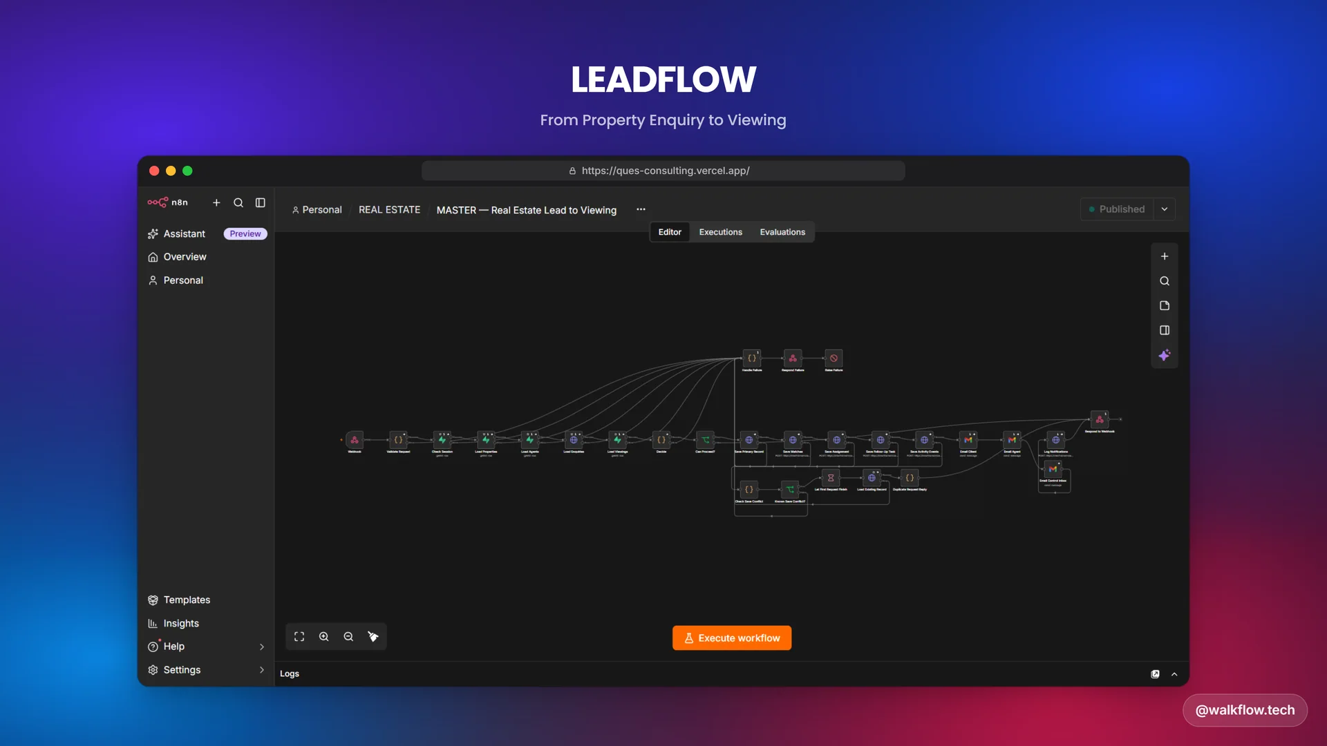 LEADFLOW thumbnail showing the n8n workflow behind the demo, titled From Property Enquiry to Viewing