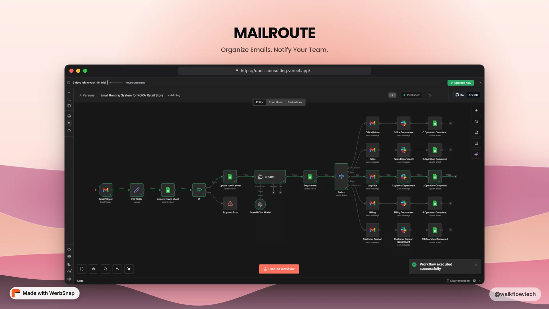 MAILROUTE thumbnail showing the n8n email-routing workflow behind the demo, titled Organize Emails and Notify Your Team
