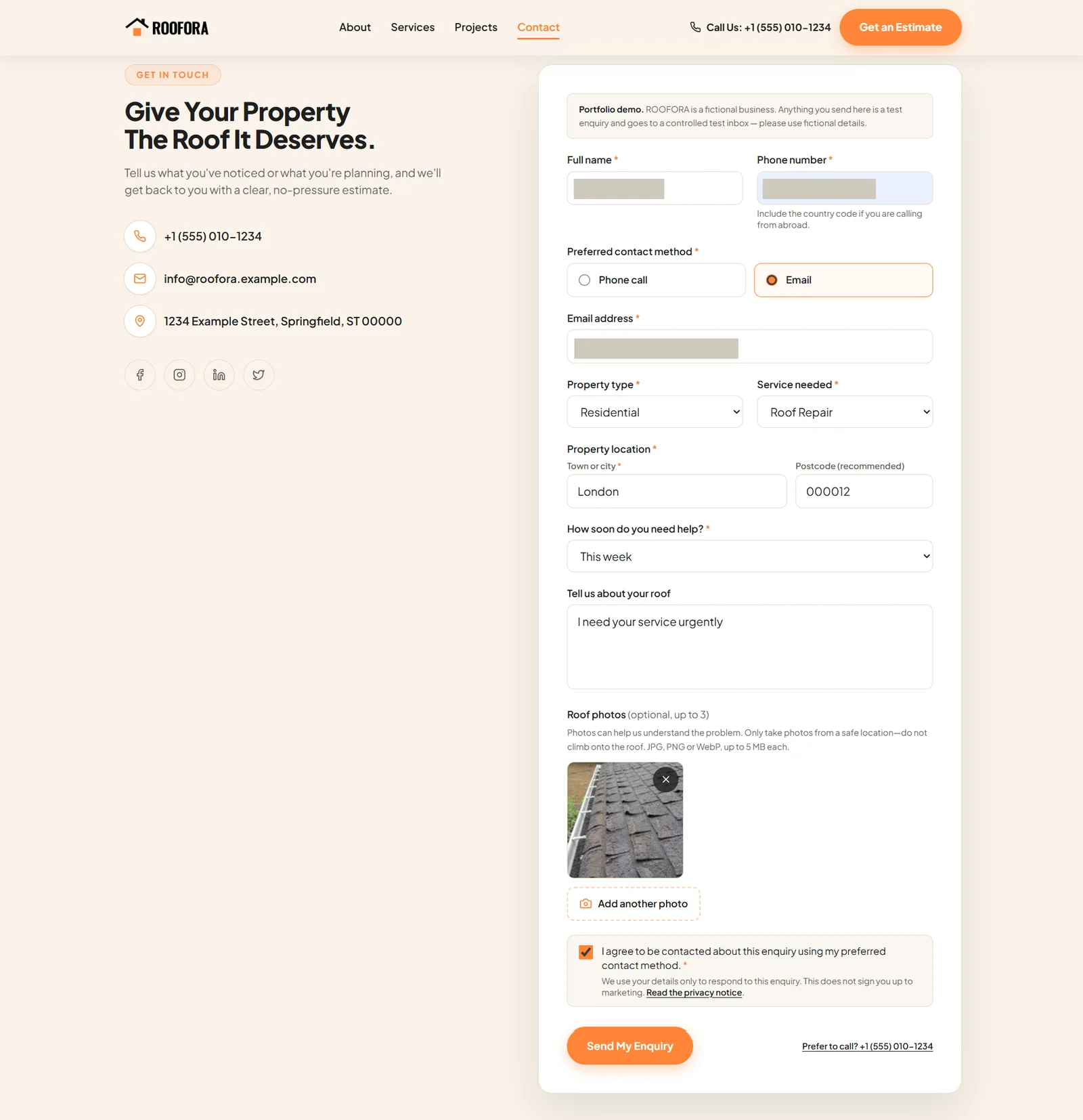The roofing enquiry form with contact method, property type, service needed, location, urgency, a description and a roof photo upload (personal details hidden)