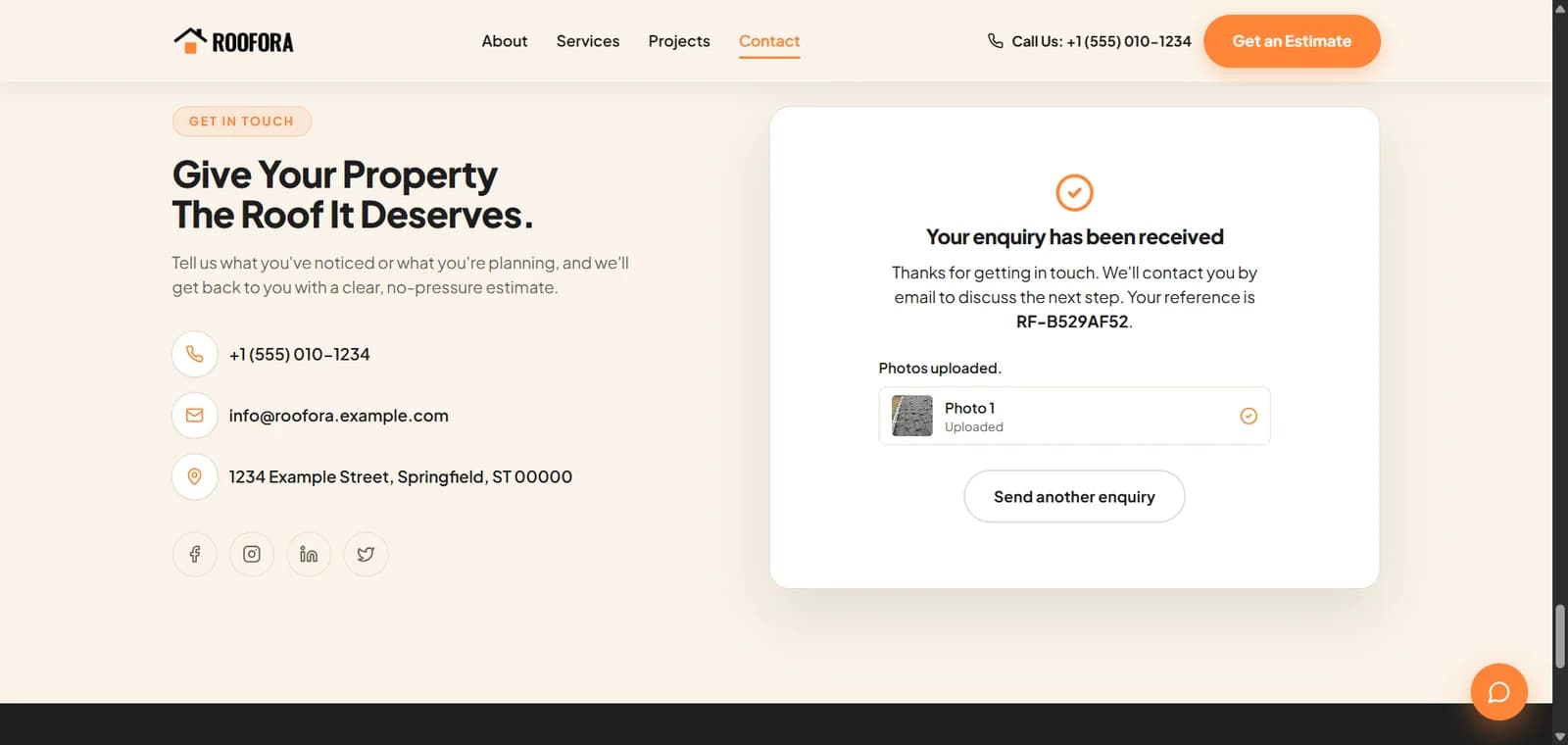 Website confirmation message saying the enquiry has been received, with a reference number and an uploaded photo