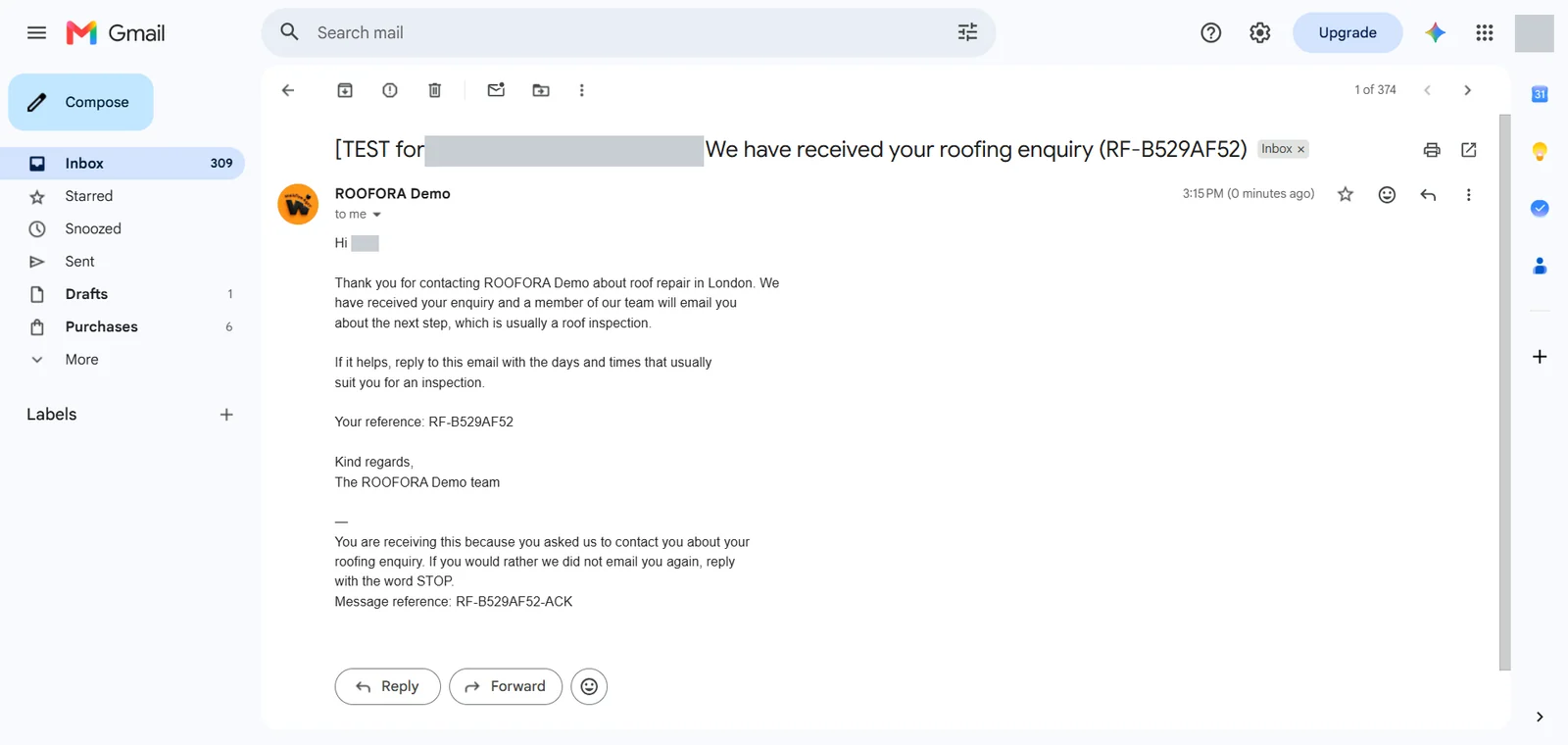 Acknowledgement email telling the customer the enquiry was received and that a team member will email about the next step (personal details hidden)