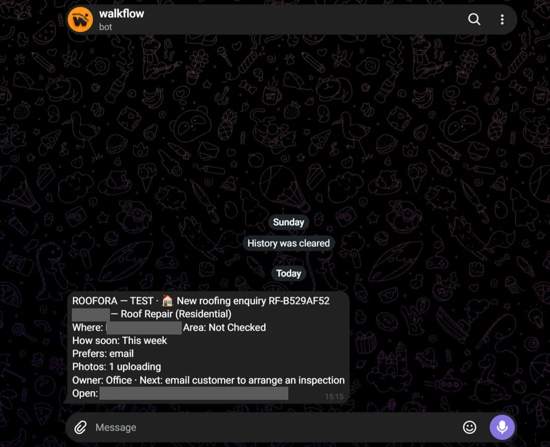 A Telegram alert for the team showing the new roofing enquiry, urgency, preferred contact, owner and next step (personal details hidden)