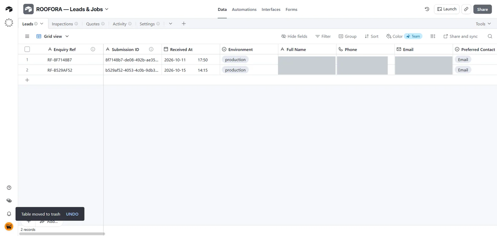 An Airtable base with tables for leads, inspections, quotes and activity, showing the saved enquiries (personal details hidden)