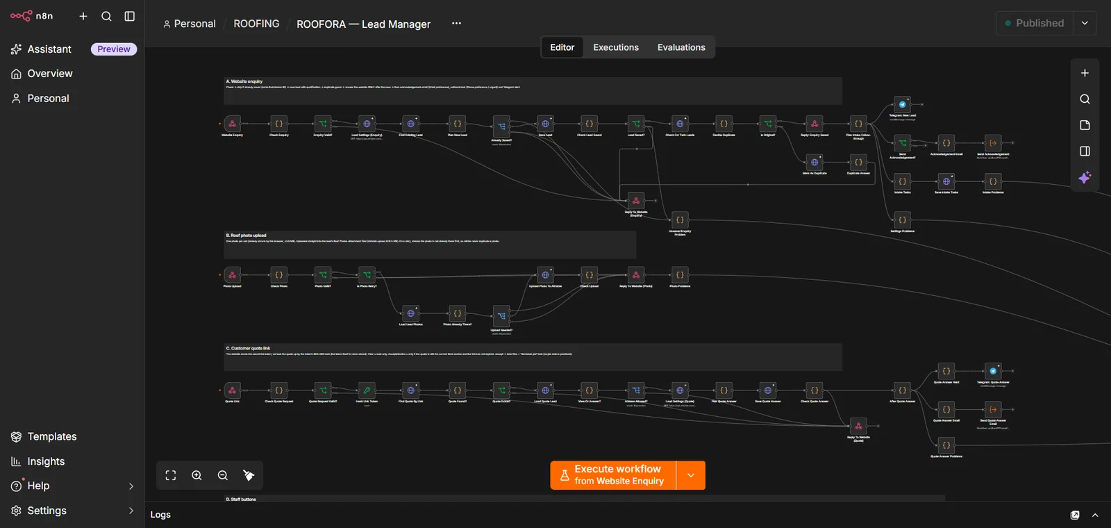 The SERVICEDESK lead-manager workflow in n8n, with sections for the website enquiry, roof photo upload, customer quote link and staff buttons