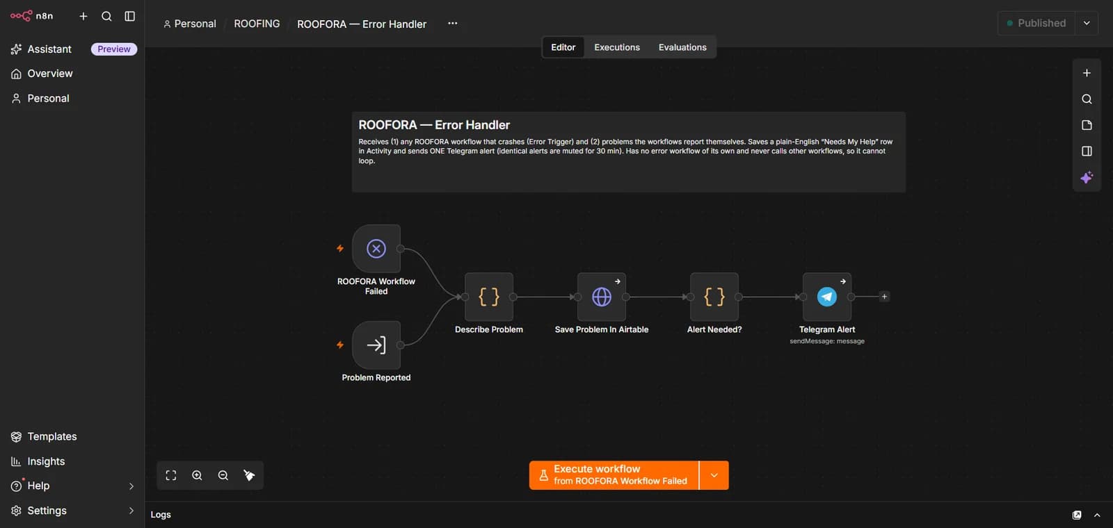 A SERVICEDESK error-handler workflow that records a problem and sends a Telegram alert