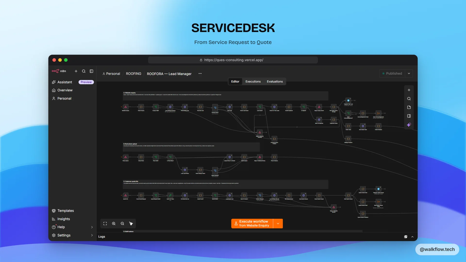 SERVICEDESK thumbnail showing the n8n lead-manager workflow behind the demo, titled From Service Request to Quote