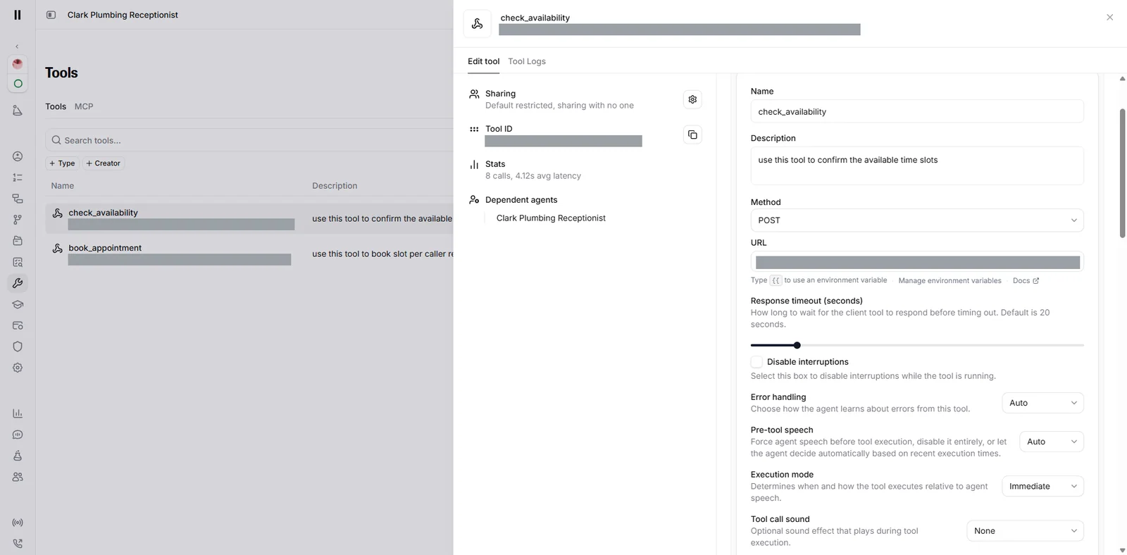 The ElevenLabs tools for the agent, check availability and book appointment, with their settings (connection addresses hidden)