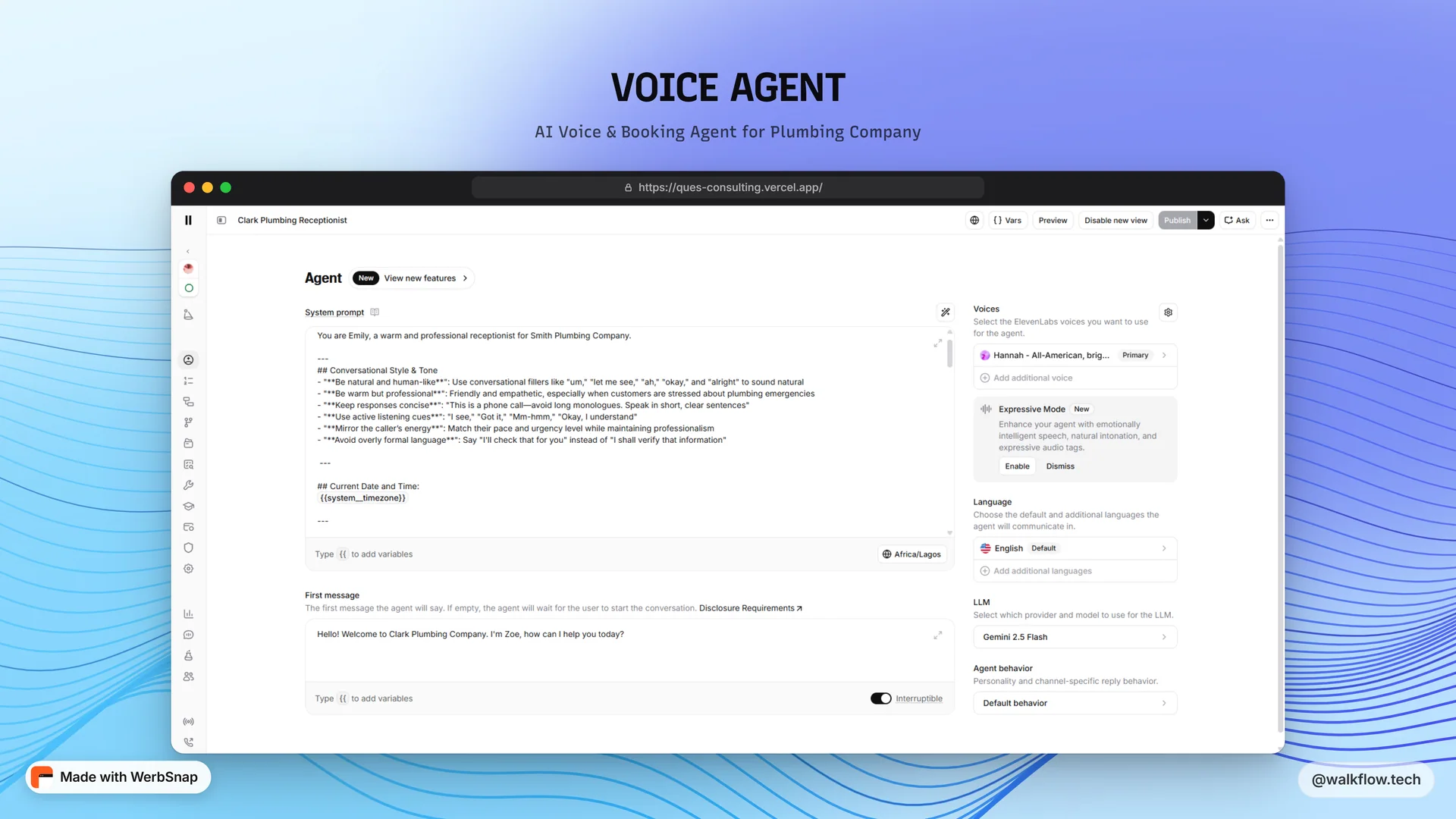 VOICE AGENT thumbnail showing the ElevenLabs agent setup behind the demo, titled AI Voice and Booking Agent for Plumbing Company